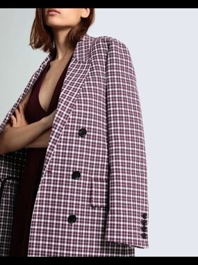 Burberry Double-Breasted Plaid Blazer in Wine and White